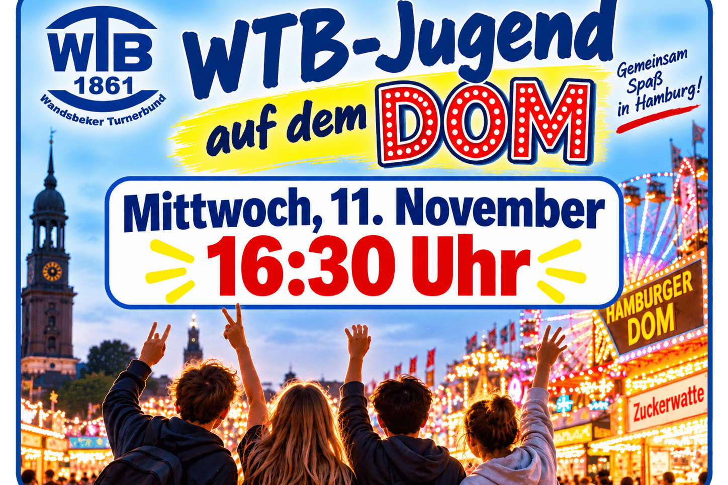 WTB-Jugend-Event auf dem Hamburger Dom, Donnerstag, 11. November, 16:30 Uhr, mit festlicher Beleuchtung und Karussells.