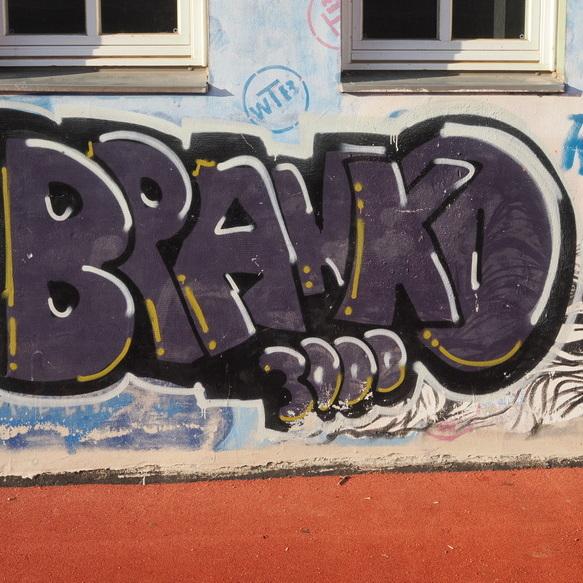 Graffiti mit dem Schriftzug &bdquo;BRAWKO 3000&ldquo; in lila auf einer Wand, umgeben von bunten Hintergrundmotiven.