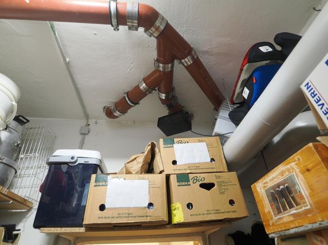 Rohrleitungen verlaufen unter der Decke in einem Lagerraum mit zwei stapelbaren Kartons und verschiedenen Beh&auml;ltern.
