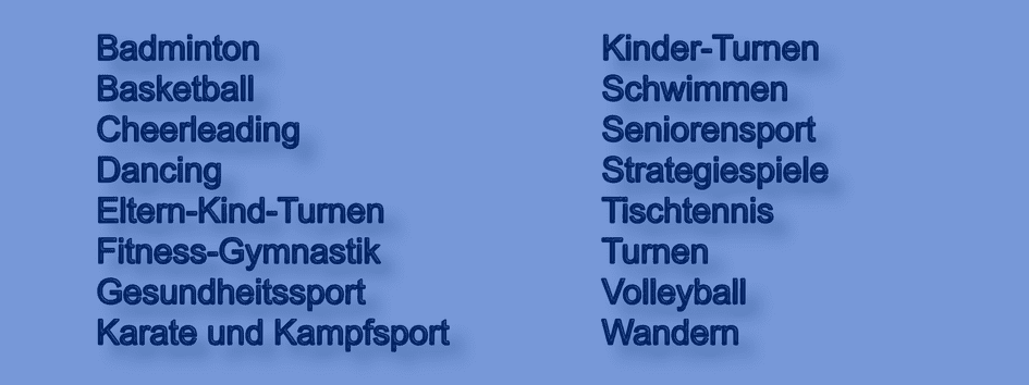 Liste von Sportsportarten auf blauem Hintergrund, darunter Badminton, Basketball, Tanzen und Volleyball.