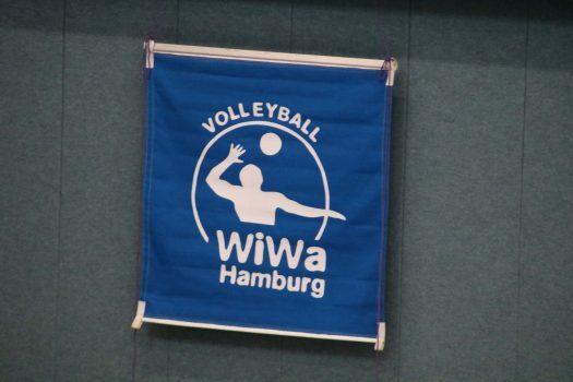 Banner mit dem Logo von WiWa Hamburg, einem Volleyballverein, auf blauem Hintergrund.