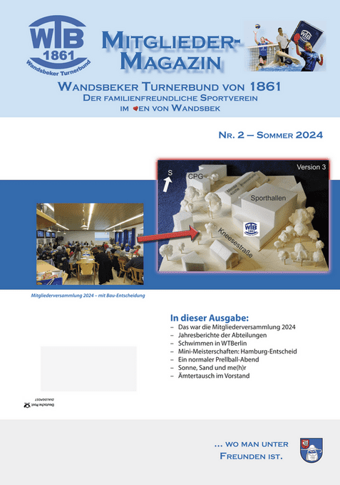 Cover des Mitgliedermagazins des Wandsbeker Turnerbunds 1861 mit Informationen zur Mitgliederversammlung 2024.