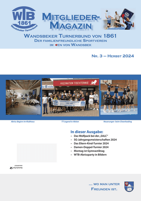 Cover des Mitgliedermagazins des Wandsbecker Turnerbunds mit Bildern von Sportaktivitäten und Vereinsinformationen.