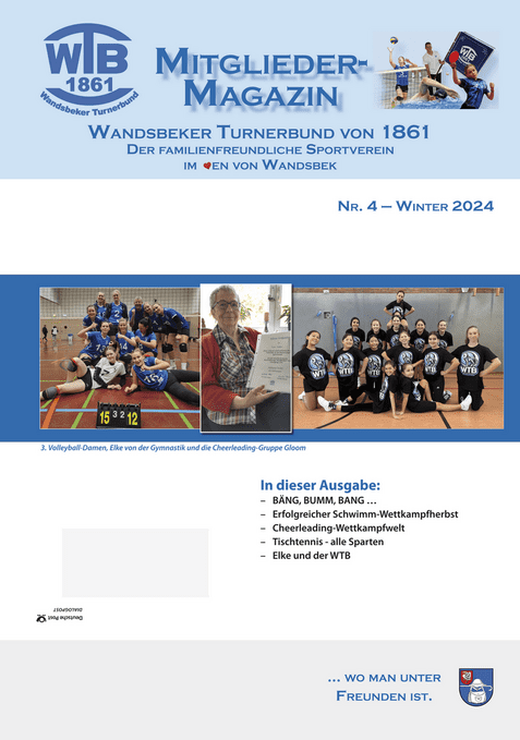Collage aus Volleyball-Team, älterer Frau mit Urkunde und Cheerleading-Gruppe in einem Sportumfeld mit WTB-Logo.