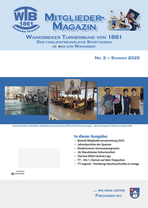 Titelseite eines Mitgliedermagazins mit dem Titel „Mitglieder-Magazin“, umgeben von Bildern von Schwimmen und Vereinsaktivitäten.