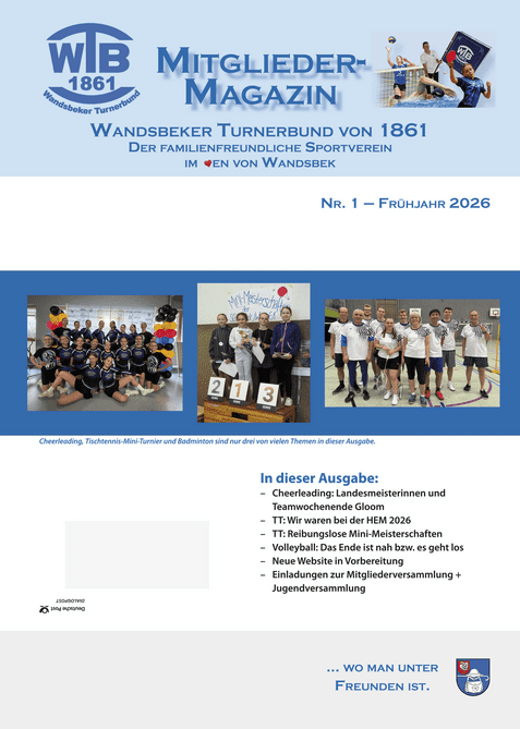 Collage aus Sportfotos: Cheerleading-Team, Siegergruppe mit Pokalen und Teilnehmer von Tischtennisturnier auf einem hellen Hintergrund.