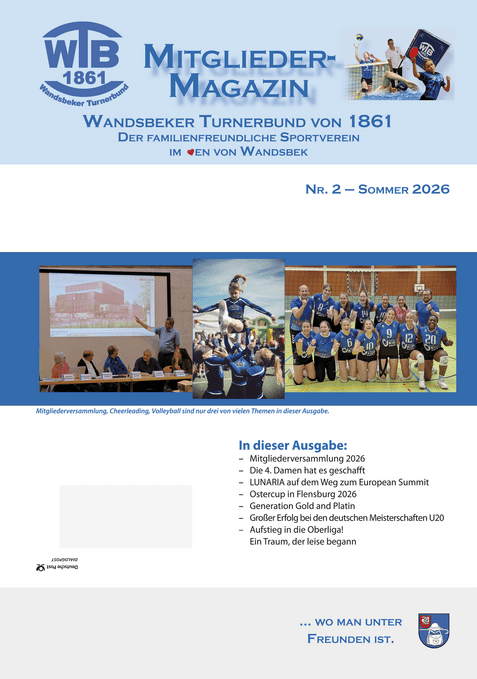 Titel des Mitgliedermagazins „Wandsbecker Turnerbund von 1861“ mit sportlichen Themen und Gruppenbildern in verschiedenen Sportarten.