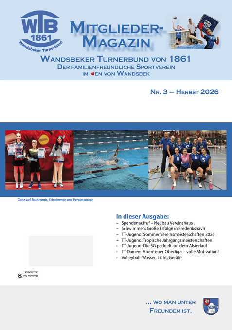 Cover des Mitglieder-Magazins des Wandsbeker Turnerbunds mit Bildern von Sportveranstaltungen und Informationen zu Vereinsaktivitäten.