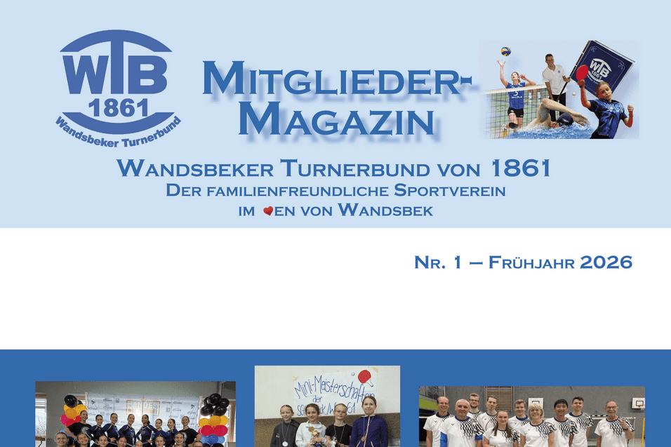 Collage aus Sportfotos: Cheerleading-Team, Siegergruppe mit Pokalen und Teilnehmer von Tischtennisturnier auf einem hellen Hintergrund.