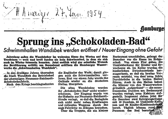 Zeitungsartikel vom 24. Januar 1954 über die Eröffnung der Schwimmhallen Wandsbek in Hamburg.