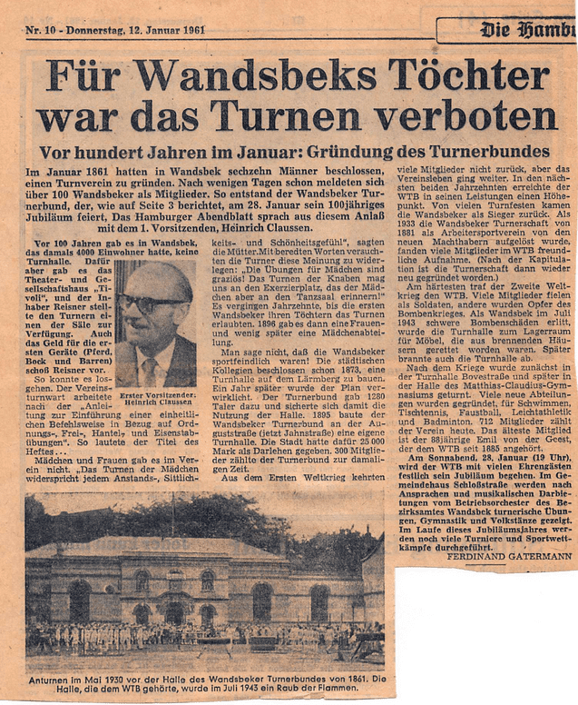 Zeitungsartikel vom 12. Januar 1961 über die Gründung des Wandsbecker Turnerbundes im Jahr 1861, mit historischem Foto.