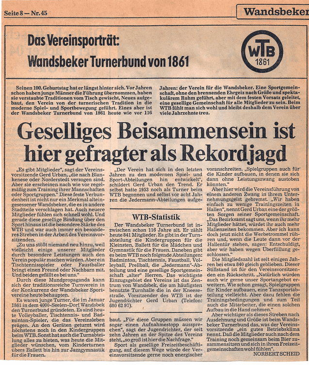 Artikel über den Wandsbeker Turnerbund von 1861 mit dem Fokus auf Gemeinschaft und Vereinsleben.