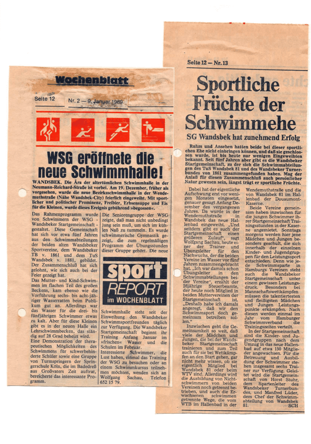 Zeitungsartikel über die Eröffnung einer Schwimmhalle und Berichte über und sportliche Erfolge der SG Wandsbek.