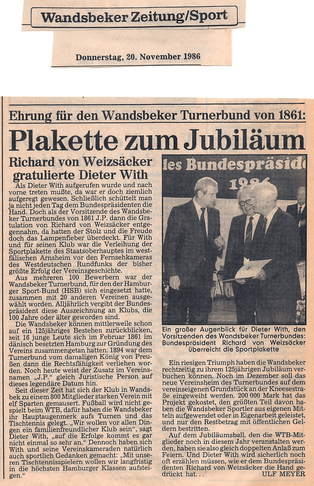 Zeitungsartikel vom 20. November 1986 über die Ehrung des Wandsbeker Turnerbundes durch Richard von Weizsäcker.