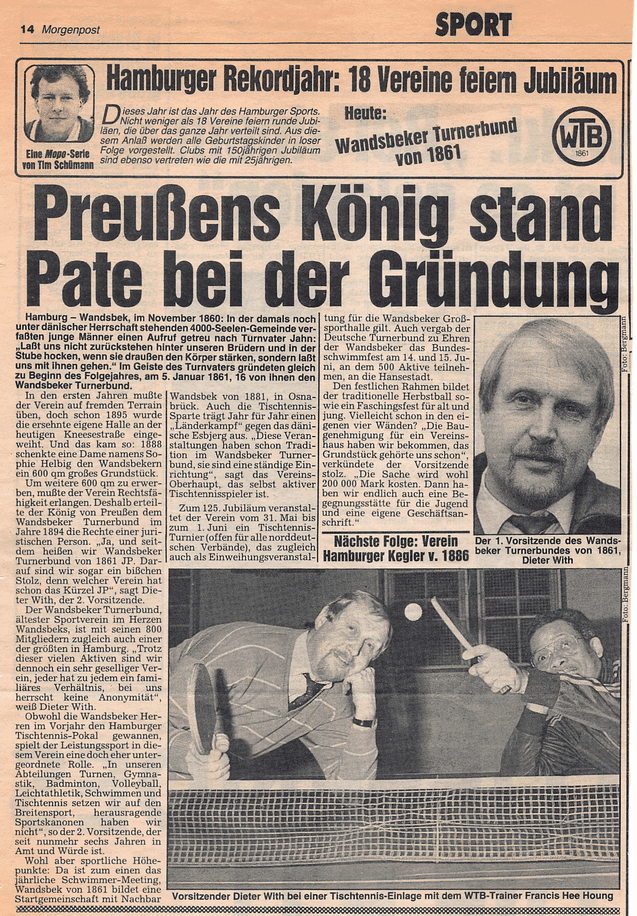 Zeitungsartikel über den Wandsbeker Turnerbund von 1861 mit historischen Informationen und Bildern von Sportveranstaltungen.