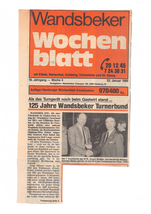 Titel des Wandsbeker Wochenblatts vom 22. Januar 1986 mit Artikel über 125 Jahre Wandsbeker Turnerbund.