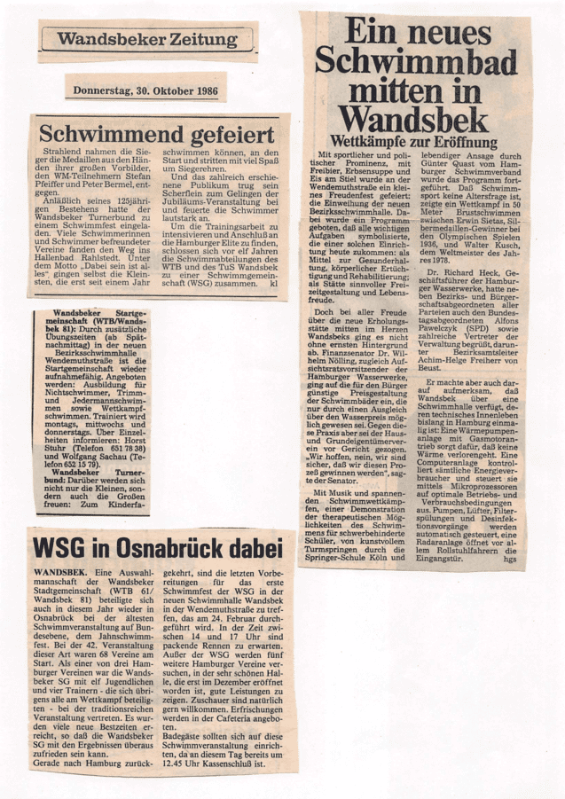 Artikel über die Eröffnung eines neuen Schwimmbads in Wandsbek, inklusive Wettkämpfen und Vereinsaktivitäten.