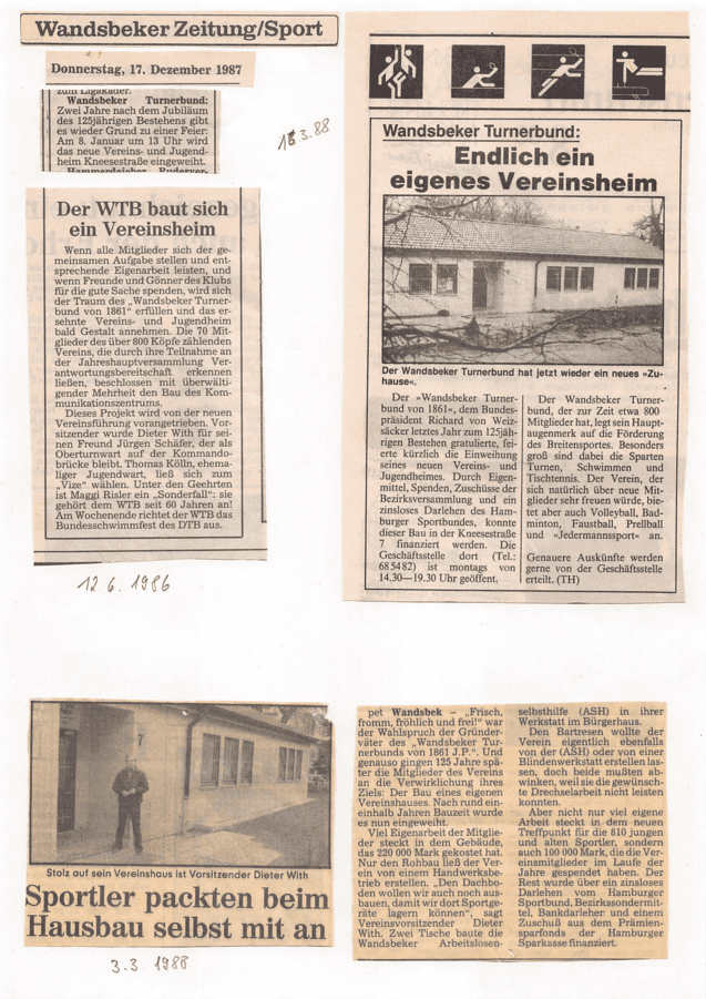 Ausschnitte von Zeitungsartikeln über den Bau eines Vereinsheims des Wandsbeker Turnerbundes.