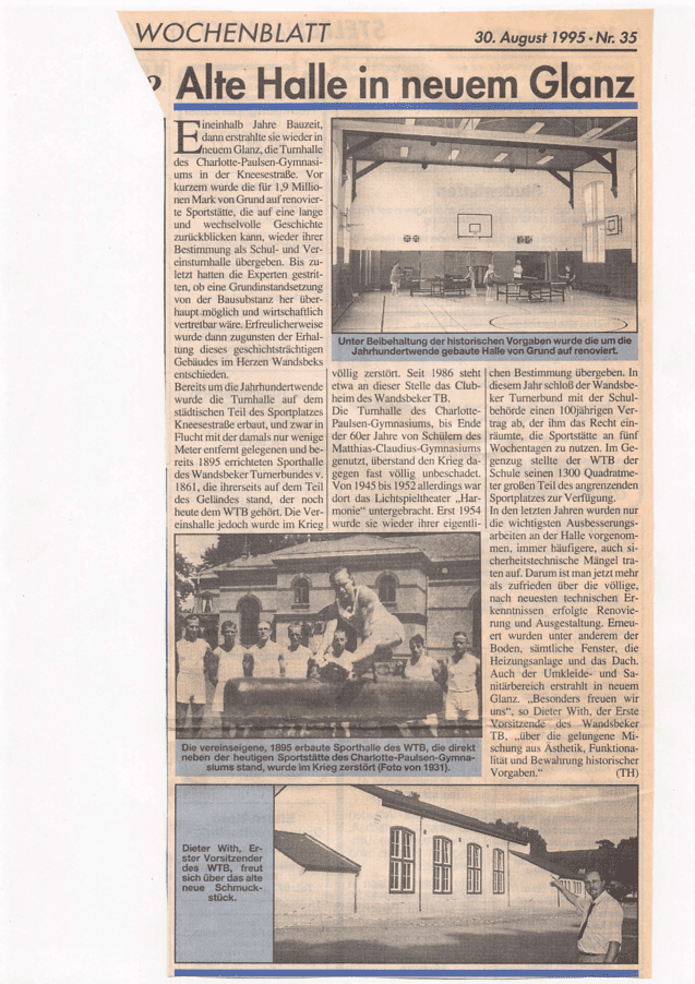 Artikel über die Sanierung der alten Sporthalle des Charlotte-Pauly-Gymnasiums mit historischen Fotos und Hintergrundinformationen.