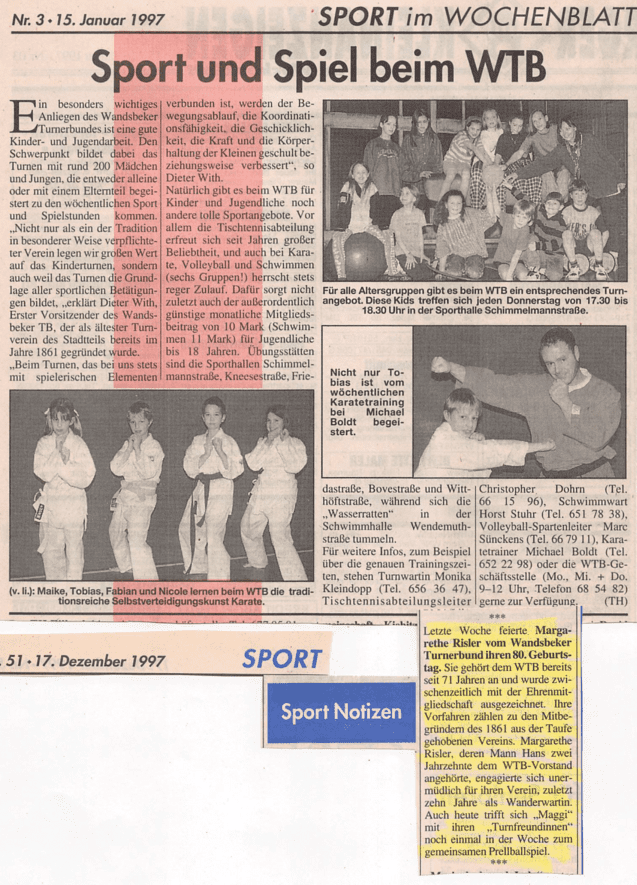 Zeitungsartikel über Sportaktivitäten beim WTB, mit Fotos von Kindern in Karate-Uniformen und weiteren Sportveranstaltungen.