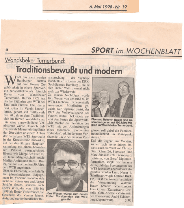 Artikel über den Wandsbeker Turnerbund mit Bildern von Heinrich Balzer und einer weiteren Person, veröffentlicht im Mai 1998.