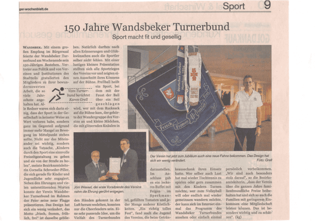 Artikel über das 150-jährige Jubiläum des Wandsbecker Turnerbunds mit Bildern von Auszeichnungen und Festlichkeiten.