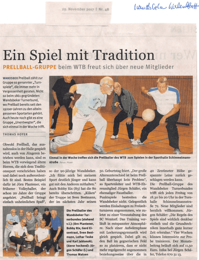 Artikel über die Prellball-Gruppe beim WTB mit Fotos von Spielern in Aktion im Sportheim Schimmelmannstraße.