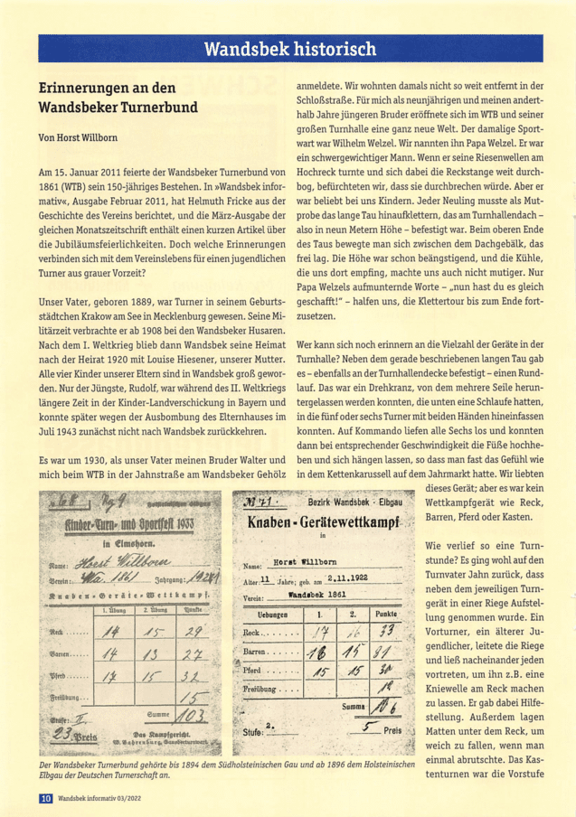 Dokument über den Wandsbeker Turnerbund: Artikel mit historischen Erinnerungen und Wettkampfergebnissen.