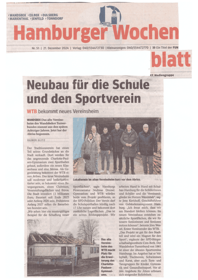Artikel im Hamburger Wochenblatt über den Neubau eines Vereinsheims für den Wandsbeker Turnbund in Hamburg.