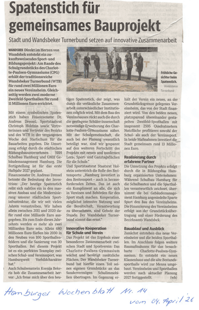 Zeitungsartikel über Spatenstich für ein gemeinsames Sport- und Bildungsprojekt in Wandsbek mit beteiligten Personen.