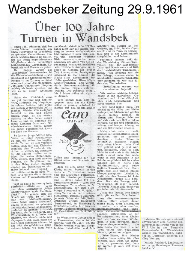 Artikel über 100 Jahre Turnen in Wandsbek, veröffentlicht in der Wandsbeker Zeitung am 29. September 1961.