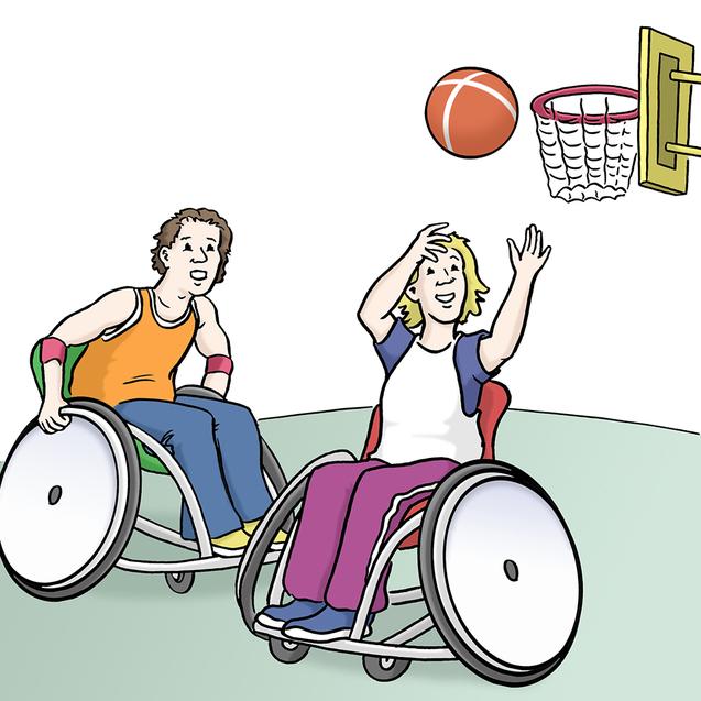 Zwei Personen im Rollstuhl spielen Basketball und werfen einen Ball auf den Korb. Ein Kind jubelt dabei.