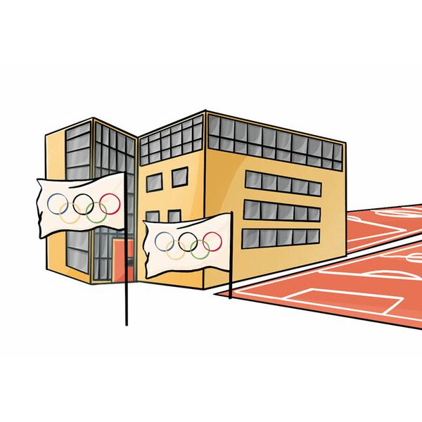 Illustration eines modernen Gebäudes mit Olympiageländer und zwei Flaggen mit Olympia-Ringen vor einem Sportplatz.