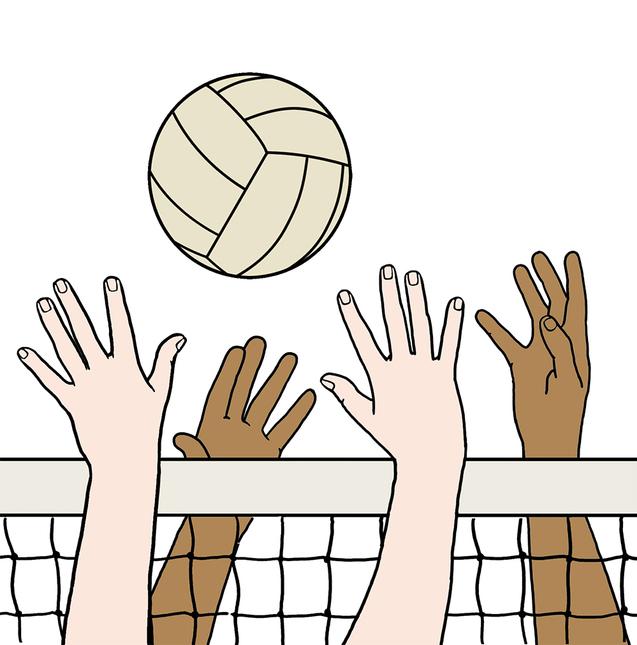 Hände verschiedener Hauttöne heben sich über ein Netz, während ein Volleyball darüber schwebt.
