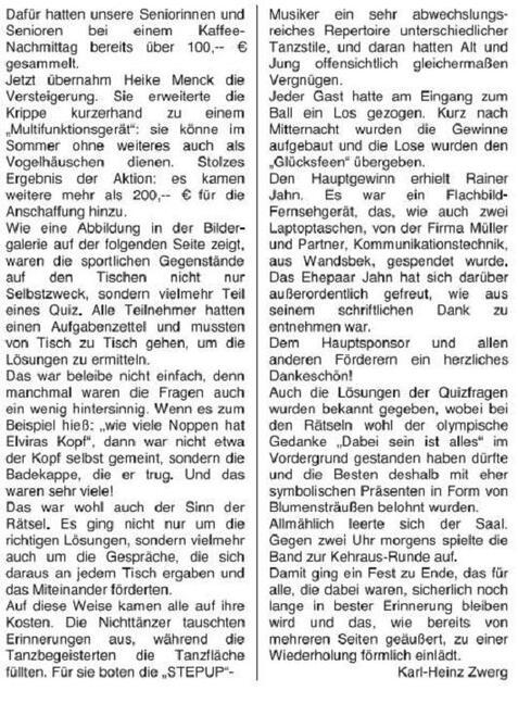 Text mit Informationen über ein Senioren-Event, inklusive gesammelter Spenden und Quizaktivitäten für Teilnehmer.