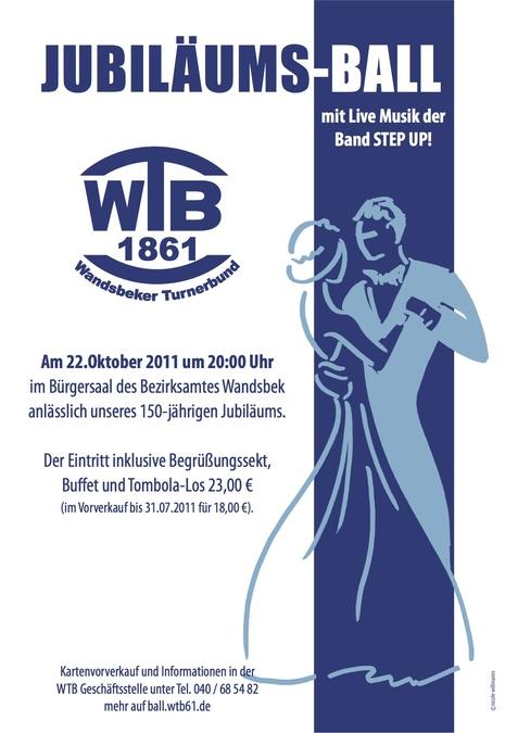 Ein Plakat für den Jubiläums-Ball des Wandsbeker Turnerbundes mit Veranstaltungshinweisen und Livemusik.