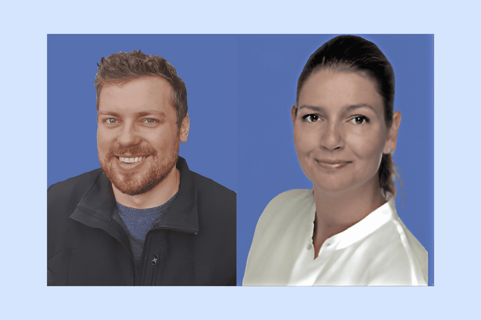 Porträtaufnahme eines Mannes mit Bart und einer Frau mit glatt zurückgebundenem Haar, beide vor blauem Hintergrund.